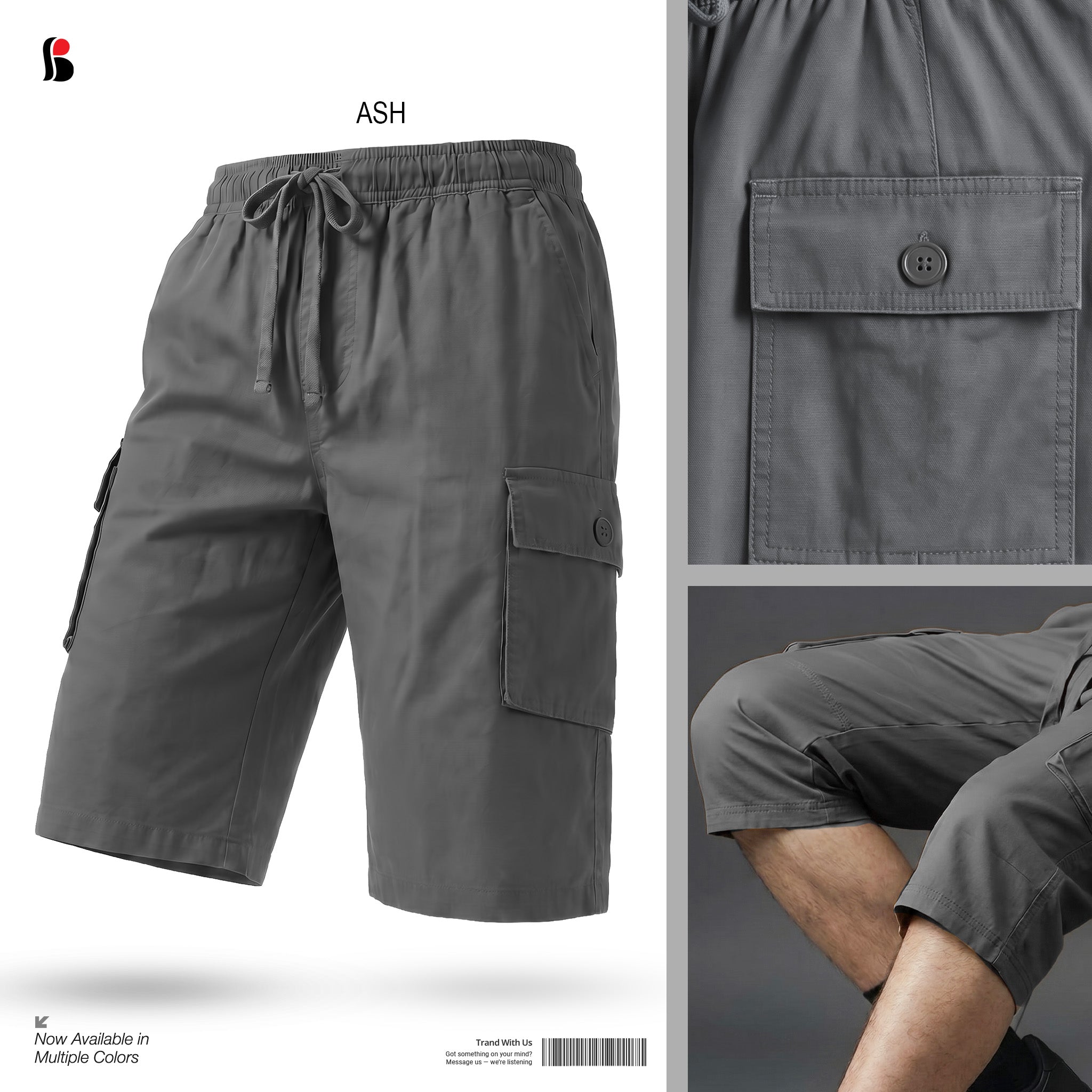 Three-Quarter Cargo Shorts [6 pockets] - Ash MCQS-501