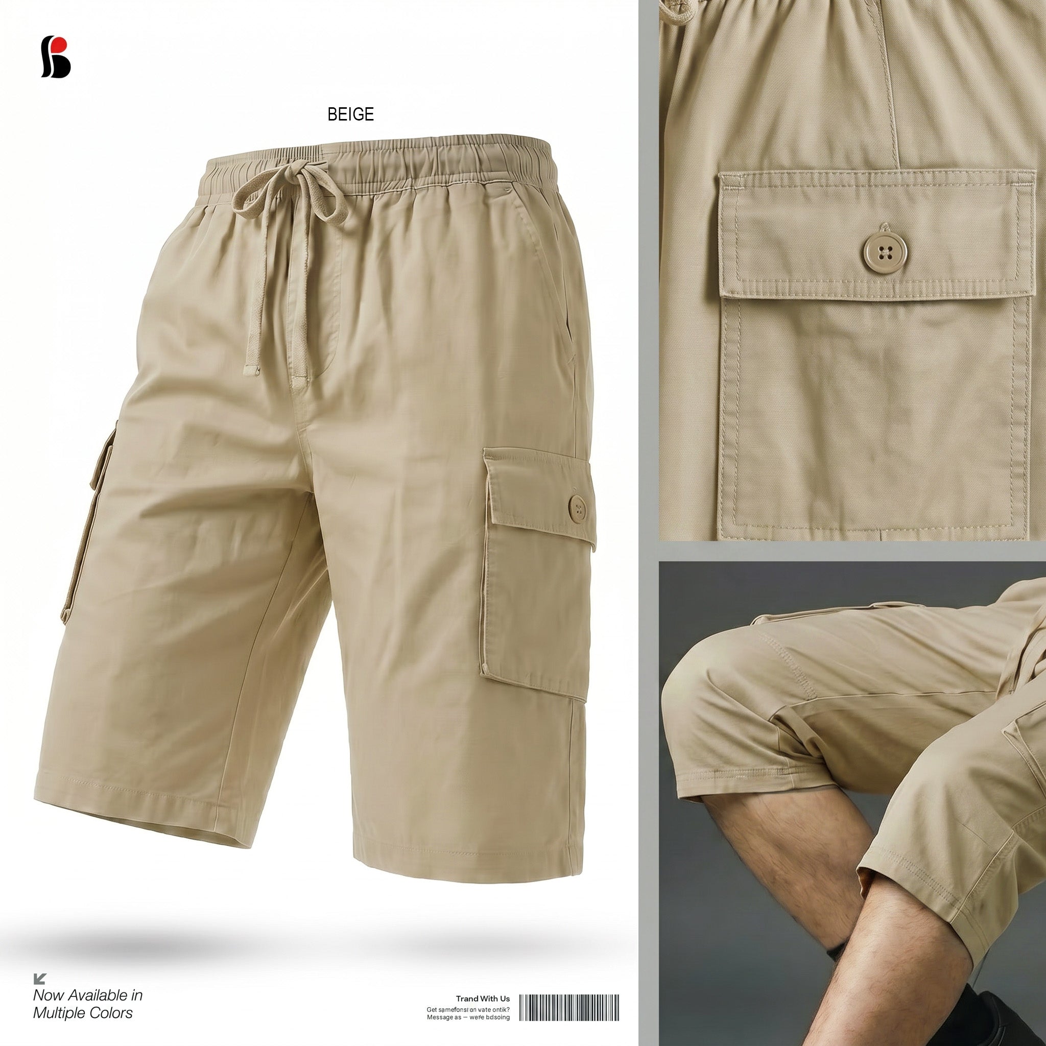 Three-Quarter Cargo Shorts [6 pockets] - Beige MCQS-508