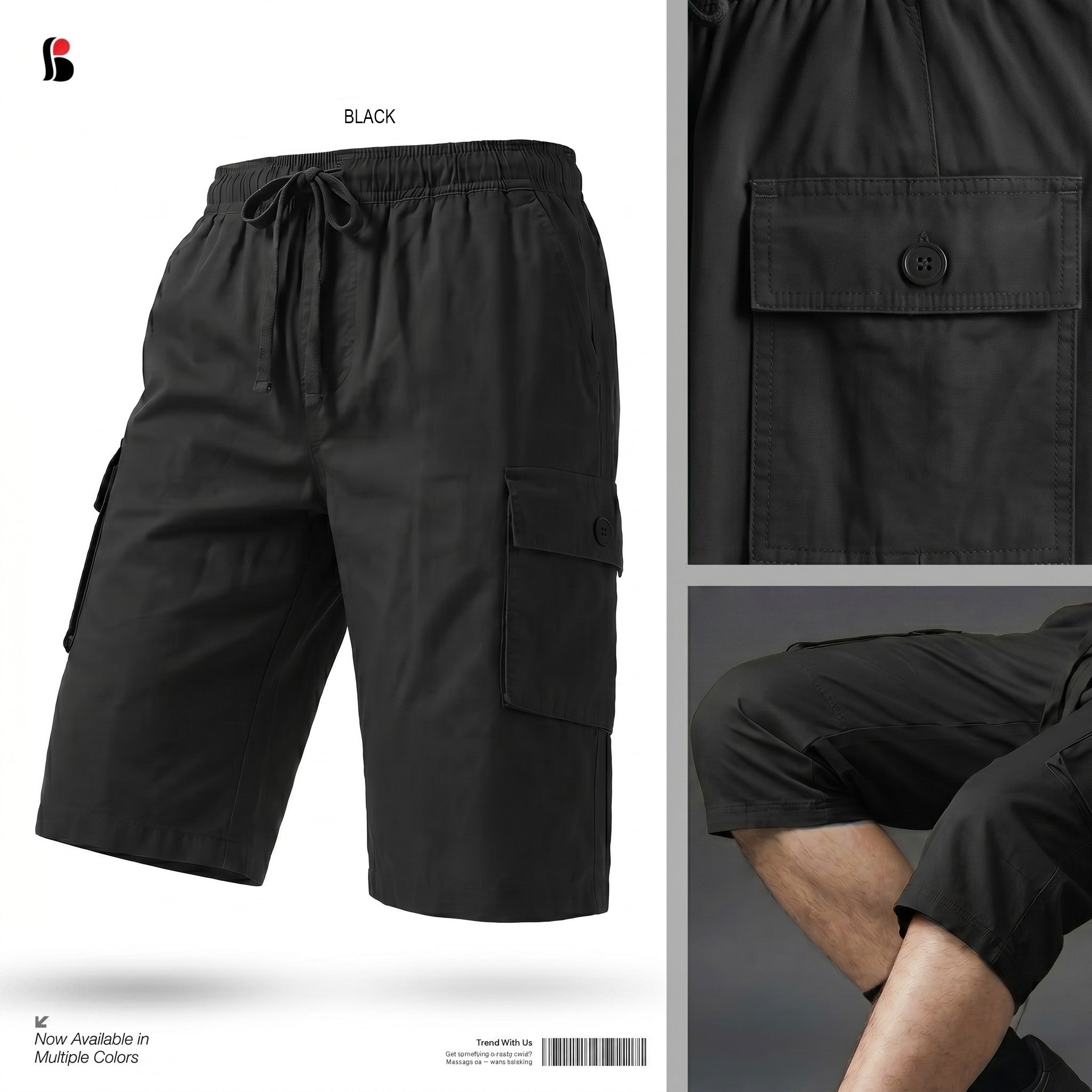 Three-Quarter Cargo Shorts [6 pockets] - Black MCQS-507