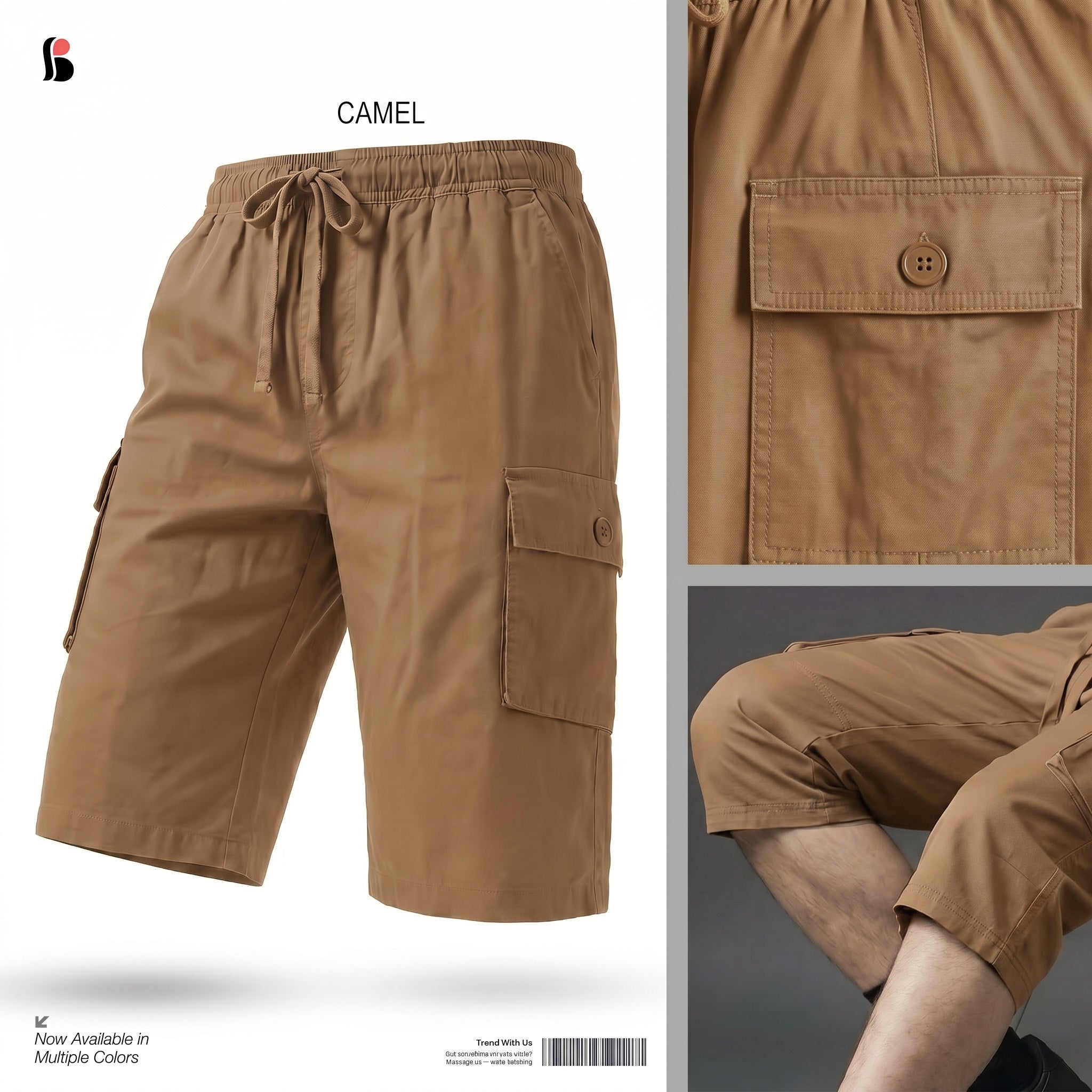 Three-Quarter Cargo Shorts [6 pockets] - Camel MCQS-506