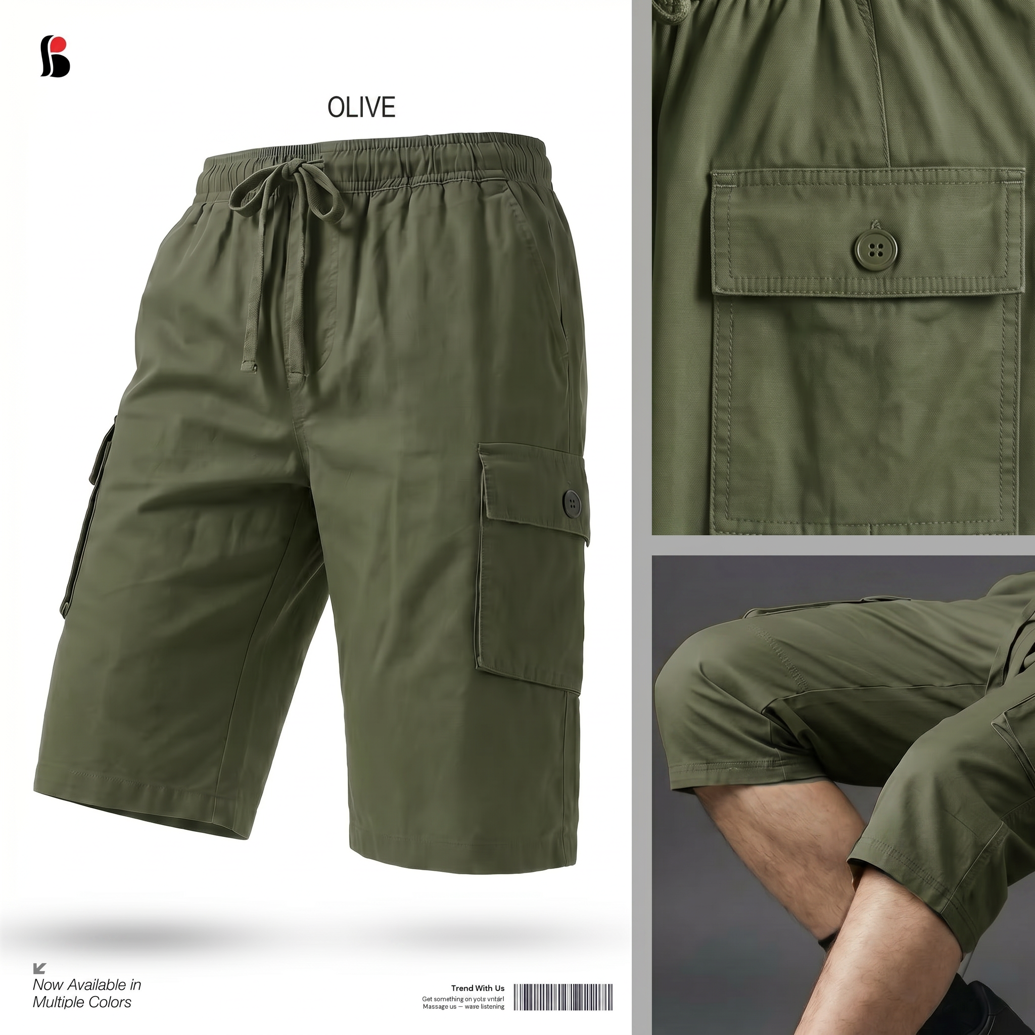 Three-Quarter Cargo Shorts [6 pockets] - Olive MCQS-504