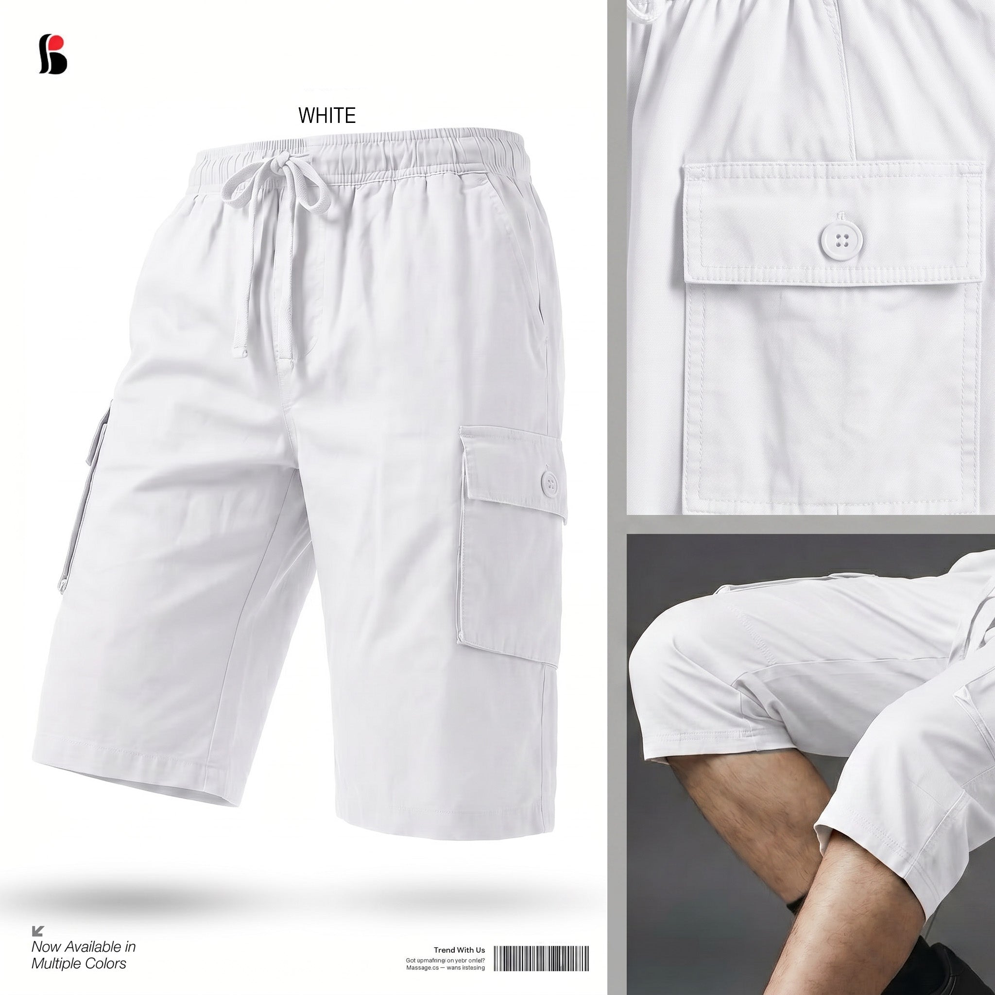 Three-Quarter Cargo Shorts [6 pockets] - White MCQS-503